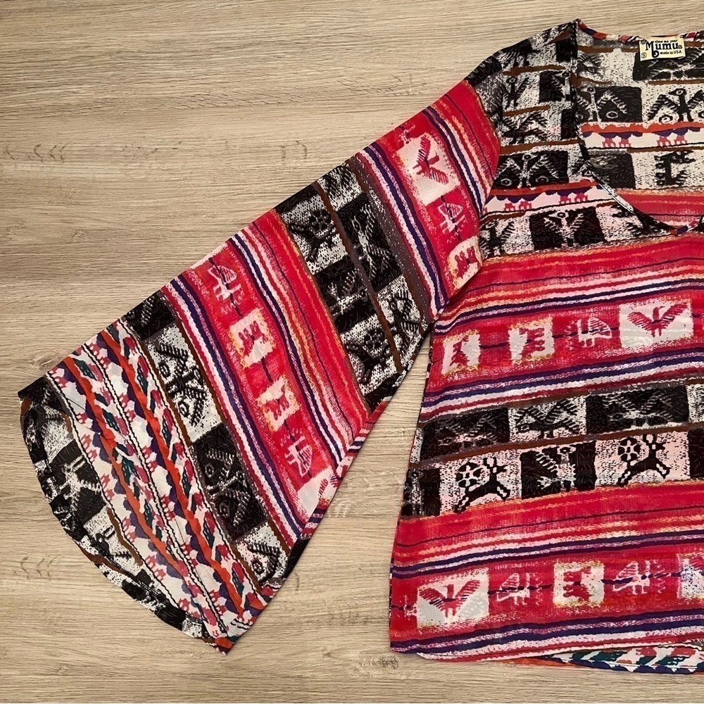 Show Me Your Mumu Boho Tribal Print Relaxed Sheer Tunic Top Bell Sleeves Size S - Picture 3 of 8